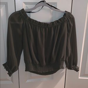 Bebe Olive green off the shoulder sheer top SML